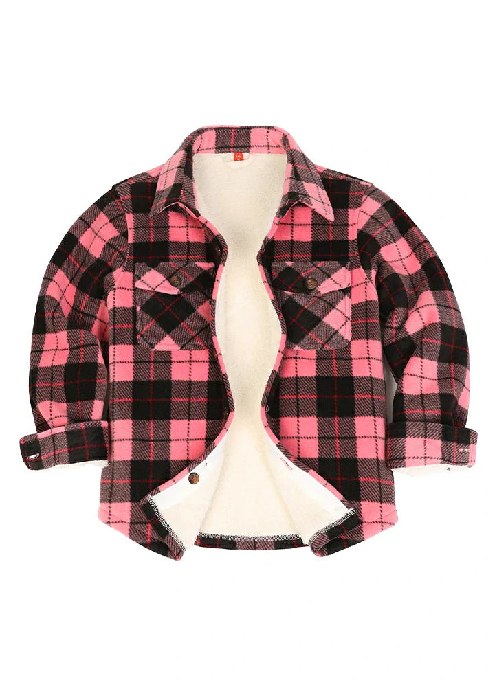 Girls Sherpa Lined Buffalo Plaid Fleece Button Down Shirt Jacket-Kids