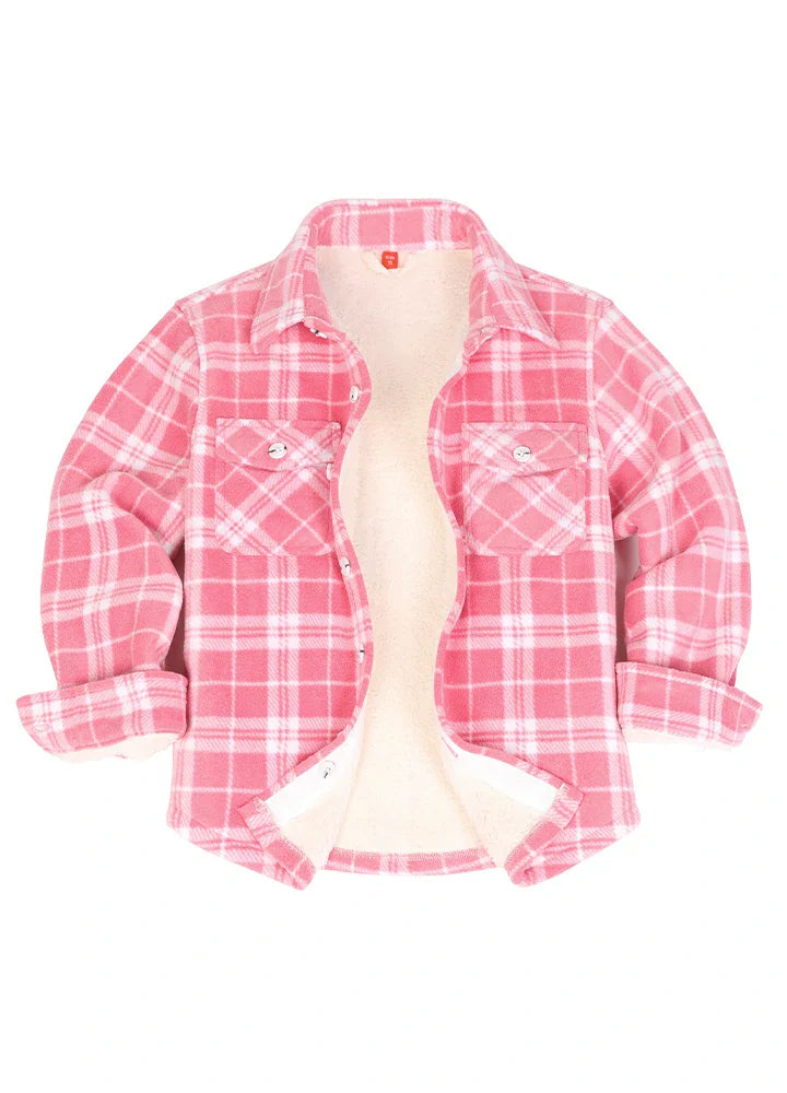 Girls Sherpa Lined Buffalo Plaid Fleece Button Down Shirt Jacket-Kids